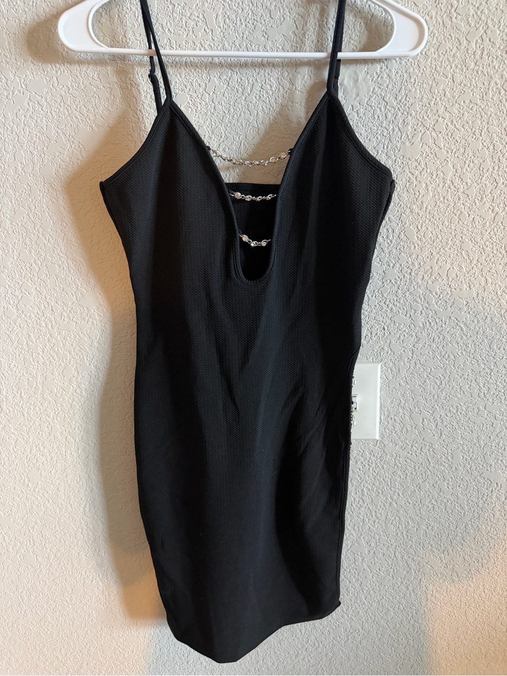 SHEIN Black Spaghetti-Strap Mini Dress with Chain Accents
